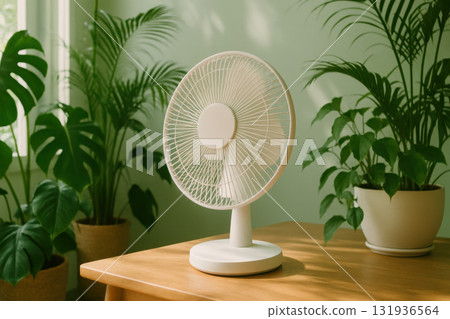 White desk fan placed on wooden table surrounded by lush indoor plants sunlit green room interior refreshing summer lifestyle concept 131936564
