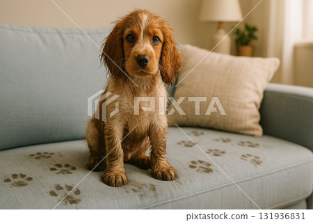 Wet cocker spaniel puppy sitting on light blue sofa with muddy paw prints scattered on fabric, showing mischievous pet expression in cozy home interior setting 131936831