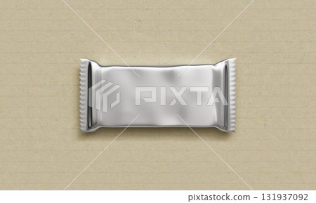 Chocolate or Snack Bar Foil Package Mock up on Paper Background. 3D Rendering. Chocolate or Snack Bar Foil Package Mock up on Paper Background. 3D Rendering. 131937092