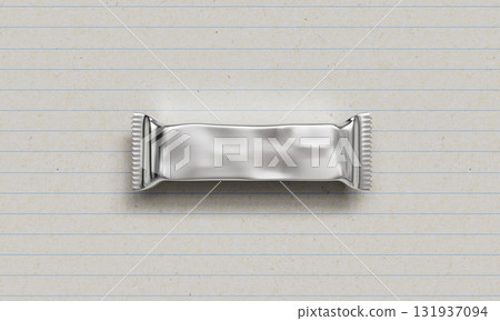 Chocolate or Snack Bar Foil Package Mock up on Paper Background. 3D Rendering.  131937094