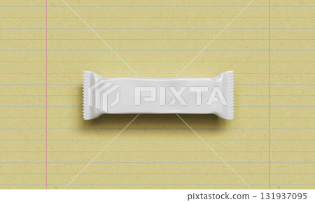 Chocolate or Snack Bar Foil Package Mock up on Paper Background. 3D Rendering. Chocolate or Snack Bar Foil Package Mock up on Paper Background. 3D Rendering. 131937095