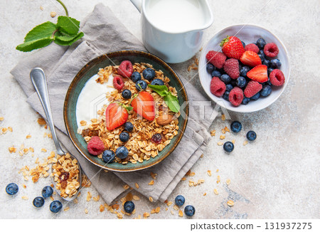 Healthy breakfast granola yogurt bowl with fresh berries Healthy breakfast granola yogurt bowl with fresh berries 131937275