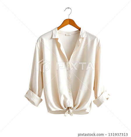 Effortless style with this versatile cream-colored tie-front blouse, perfect for a modern and chic wardrobe addition to elevate your everyday outfits 131937313
