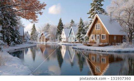 A serene winter village with snow covered cabins reflected in a calm frozen lake 131937360
