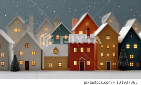 Cozy Christmas village at night with falling snow and warm lights 131937365