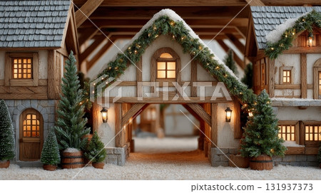 Festive Christmas village scene with snow covered houses and evergreen trees 131937373