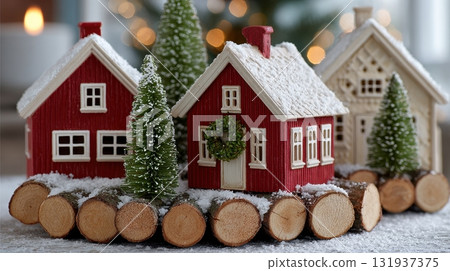Miniature Christmas village with snow logs and trees 131937375