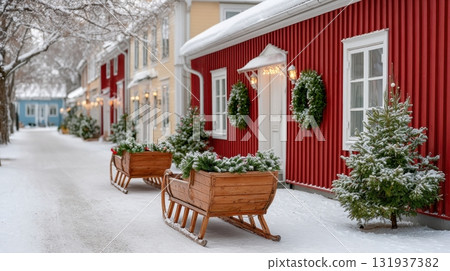 Snowy Scandinavian village street decorated for winter holidays with wooden sleighs 131937382