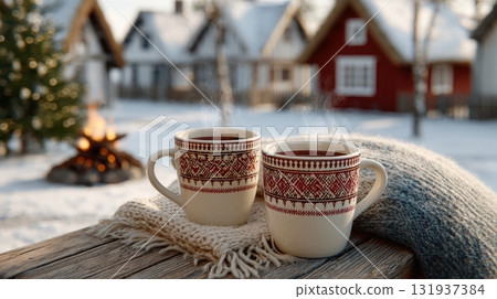 Two steaming mugs of hot drinks on a wooden table in a snowy village with a bonfire Two steaming mugs of hot drinks on a wooden table in a snowy village with a bonfire 131937384