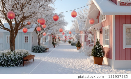 A snowy village street decorated with red lanterns and Christmas trees A snowy village street decorated with red lanterns and Christmas trees 131937385