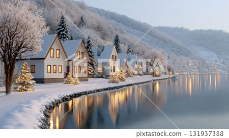 Cozy Scandinavian village of snow covered houses along a reflective river at twilight 131937388