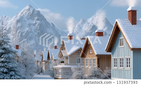 Cozy winter village with smoking chimneys set against snowy mountains Cozy winter village with smoking chimneys set against snowy mountains 131937393
