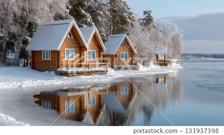 Serene winter Scandinavian scene with wooden cabins beside a frozen lake and snowy trees 131937398