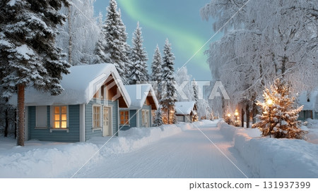 Serene winter village with snow covered cottages under the Aurora Borealis 131937399