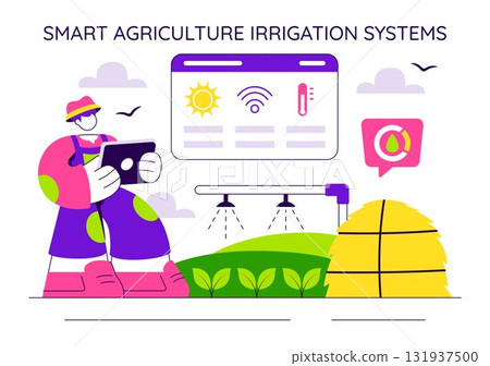 Smart Agriculture Irrigation Systems Illustration Featuring Plant Growth and Vertical Farming with Hydroponics and Plant Monitoring via Mobile App Smart Agriculture Irrigation Systems Illustration Featuring Plant Growth and Vertical Farming with Hydroponics and Plant Monitoring via Mobile App 131937500