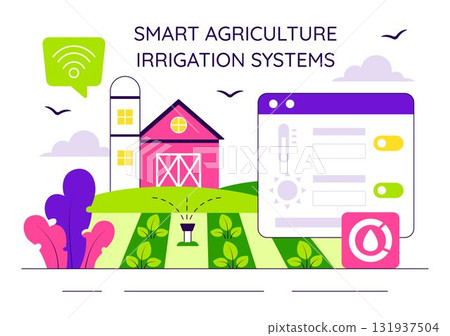 Smart Agriculture Irrigation Systems Illustration Featuring Plant Growth and Vertical Farming with Hydroponics and Plant Monitoring via Mobile App 131937504