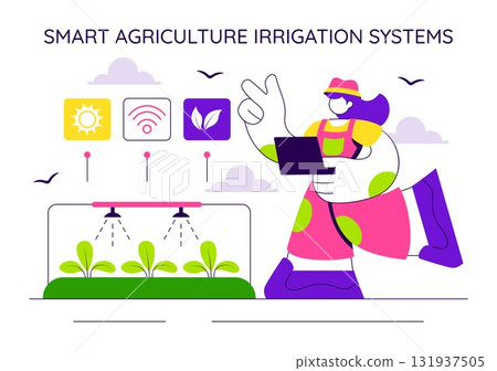 Smart Agriculture Irrigation Systems Illustration Featuring Plant Growth and Vertical Farming with Hydroponics and Plant Monitoring via Mobile App Smart Agriculture Irrigation Systems Illustration Featuring Plant Growth and Vertical Farming with Hydroponics and Plant Monitoring via Mobile App 131937505
