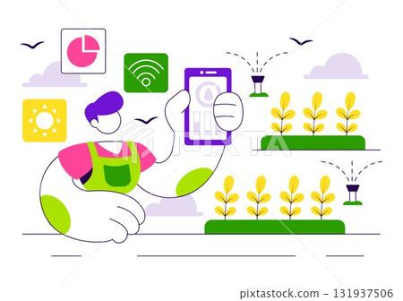 Smart Agriculture Irrigation Systems Illustration Featuring Plant Growth and Vertical Farming with Hydroponics and Plant Monitoring via Mobile App Smart Agriculture Irrigation Systems Illustration Featuring Plant Growth and Vertical Farming with Hydroponics and Plant Monitoring via Mobile App 131937506