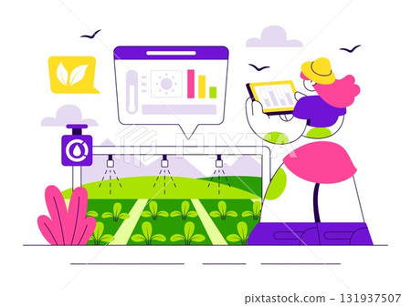 Smart Agriculture Irrigation Systems Illustration Featuring Plant Growth and Vertical Farming with Hydroponics and Plant Monitoring via Mobile App Smart Agriculture Irrigation Systems Illustration Featuring Plant Growth and Vertical Farming with Hydroponics and Plant Monitoring via Mobile App 131937507