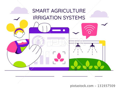 Smart Agriculture Irrigation Systems Illustration Featuring Plant Growth and Vertical Farming with Hydroponics and Plant Monitoring via Mobile App 131937509