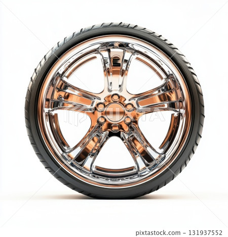 Custom chrome alloy wheel with black tire suitable for high-performance vehicles displayed on a plain background Custom chrome alloy wheel with black tire suitable for high-performance vehicles displayed on a plain background 131937552