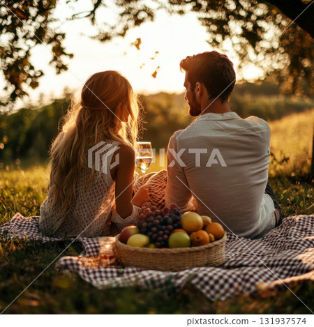 Couple enjoys romantic picnic at sunset with wine and fresh fruit in a serene outdoor setting 131937574