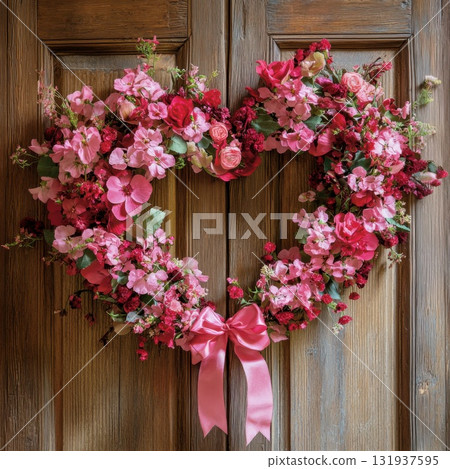 Heart-shaped floral wreath with pink and red flowers decorates rustic wooden door 131937595