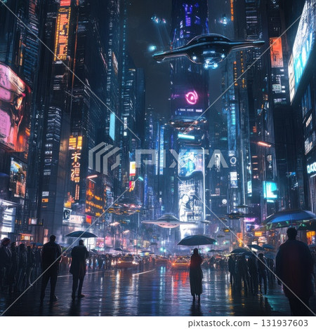 Futuristic cityscape at night with neon lights and hovering vehicles above a crowd with umbrellas 131937603