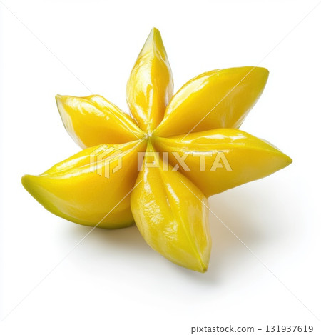 Fresh starfruit with vibrant yellow color and unique shape on white background at a local market 131937619