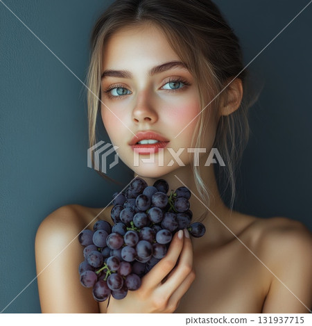 Young woman holding a bunch of dark grapes in a close-up portrait with a neutral background 131937715