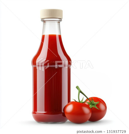 Fresh tomato ketchup bottle with ripe tomatoes on a white background showcasing ingredients and packaging 131937729