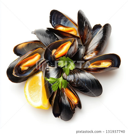 Fresh mussels garnished with lemon and parsley ready for a delicious seafood dish 131937740