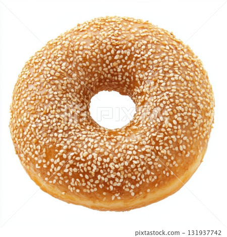 Delicious sesame seed donut with a golden-brown glaze on a white background 131937742