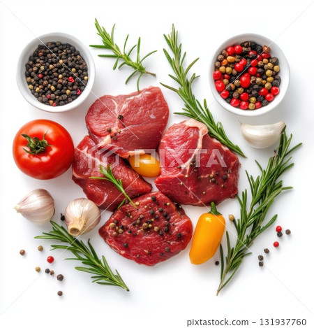 Fresh cuts of meat arranged with herbs, spices, and vegetables for a culinary preparation 131937760