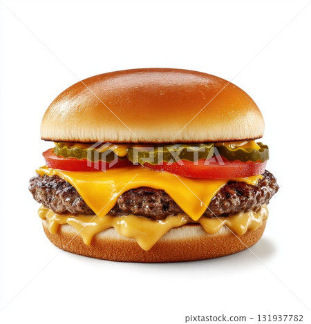 Juicy cheeseburger with pickles and tomatoes on a toasted bun presented on a clean white background 131937782