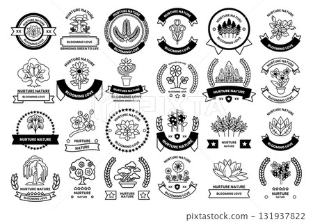 A collection of badges and ribbons with trees and flowers on them 131937822