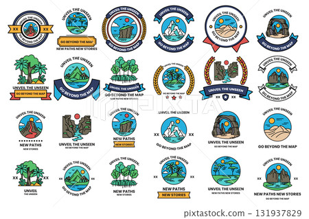 set of illustrations in the concept of natural tourist attractions in line art style 131937829