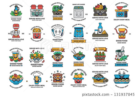 A collection of cartoon images of food and eating 131937845