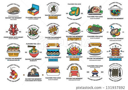 A collection of food stamps with different designs and words A collection of food stamps with different designs and words 131937892