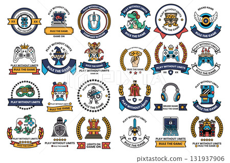 A collection of badges with various designs and themes 131937906