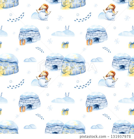 Christmas seamless pattern, Inuit igloo, snowman, holiday winter landscape isolated from background. Watercolor children illustration, scenery, snowflake, xmas, footprint or traces, snowdrift 131937978