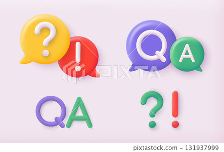 Set of question and answers concept in cartoon 3d style.  QA letters - qustions and answers section icon. 3D Web Vector Illustrations. 131937999