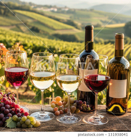 Collection of wine glasses and bottles with grapes in a picturesque vineyard at sunset Collection of wine glasses and bottles with grapes in a picturesque vineyard at sunset 131938041