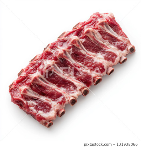 Fresh and raw meat ribs ready for cooking or grilling at a culinary setting with vibrant colors 131938066