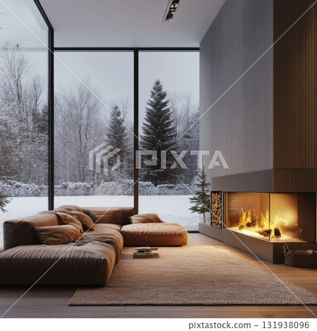 Cozy modern living room with a fireplace and winter views in a serene landscape setting 131938096
