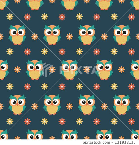 Seamless pattern with cute owls and flowers. 131938133