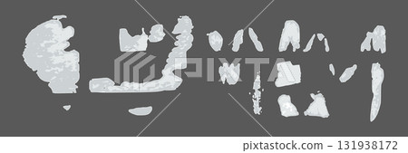 Set of white fragments of torn and ripped paper with adhesive residue on wall 131938172