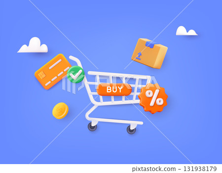Online shopping on application and website concept, digital marketing online, shopping cart. 3D Web Vector Illustrations. 131938179