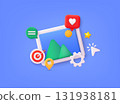 Social media platform, online social communication concept. Social network post surrounded with floating elements on blue background. 3d web Vector illustration. Social media platform, online social communication concept. Social network post surrounded with floating elements on blue background. 3d web Vector illustration. 131938181