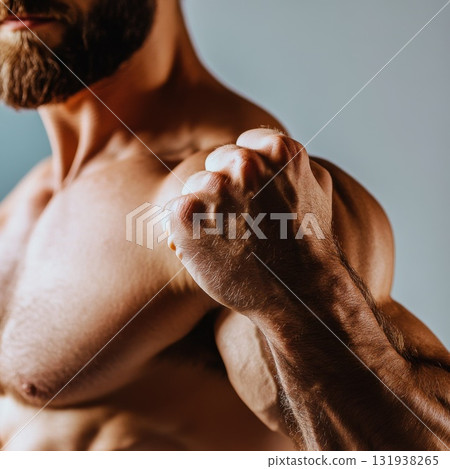 Strong man flexes arm muscles in confidence showcasing fitness and strength training 131938265